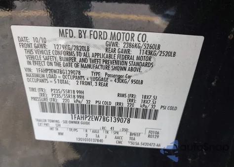 2011 Ford Taurus Sel z USA, uszkodzony, nr VIN 1FAHP2EW7BG139078